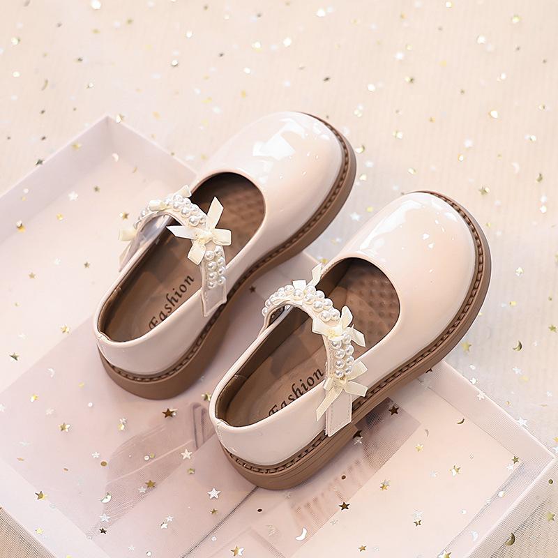 Children's Black Casual Shoes, New Autumn Fashion for Girls, Beaded Bowknot Patent Leather Princess Little Shoes