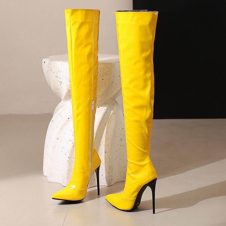 Moda Nowy Słodki Kolor Cukierkowy 12cm Wysokie Obcasy Kozaki za Kolano Kobiety Moda Stalowa Rurka Taniec Szpiczasty Cienki Obcas Długie Kozaki Rozmiar 35-48