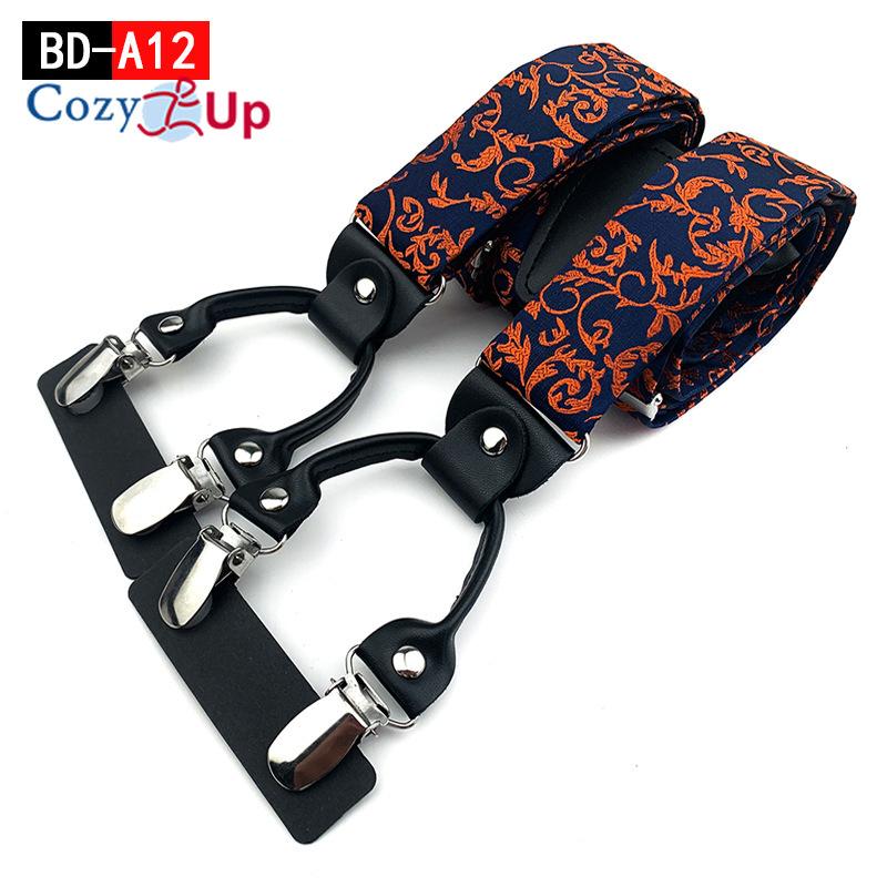 Suspensórios masculinos adultos em forma de Y com 6 clipes em tecido jacquard de couro com alça traseira elástica ajustável com ganchos giratórios e tiras elásticas nas costas em Y