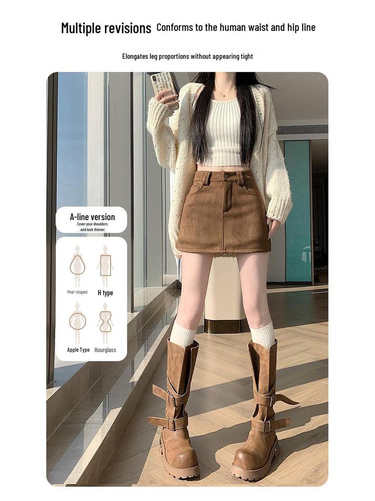 Retro Coffee Suede A-line Mini Skort for Women - Autumn/Winter High Waist Slimming Design