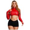 Damen Glänzendes PU Cropped Top Cold Shoulder Langarm Ausgeschnitten Rollkragen Pullover