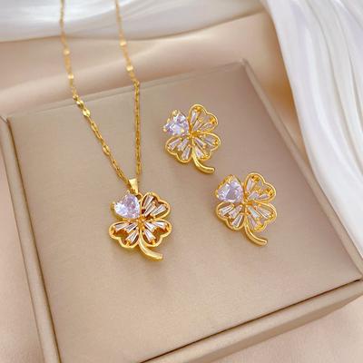 Titanium Steel Micro-Inlaid Necklace Earrings Set Light Luxury Four-Leaf Flower Personality Temperament Banquet Earrings Necklace Combination