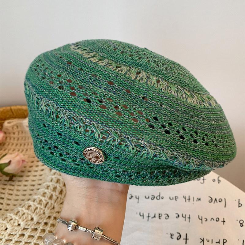 

Korean version vintage hollow-out solid color thin breathable beret for women, summer artistic versatile small-face painter hat зелёный