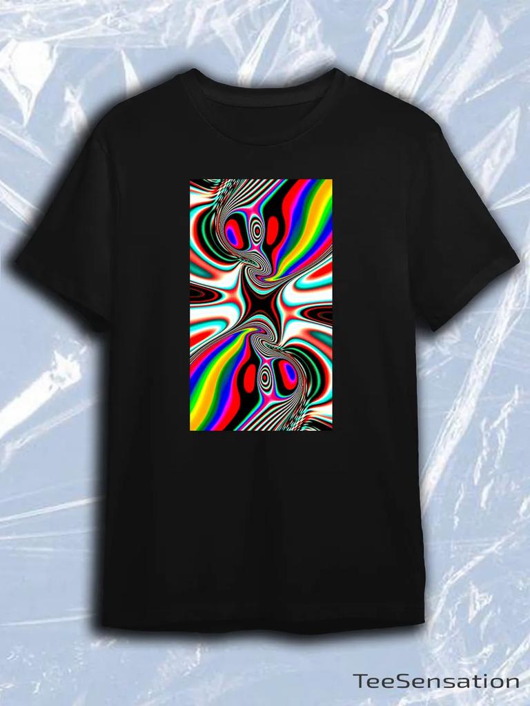 TeeSensation Black Crew Neck Short Sleeve T-Shirt with Colorful Psychedelic Abstract Swirl Print