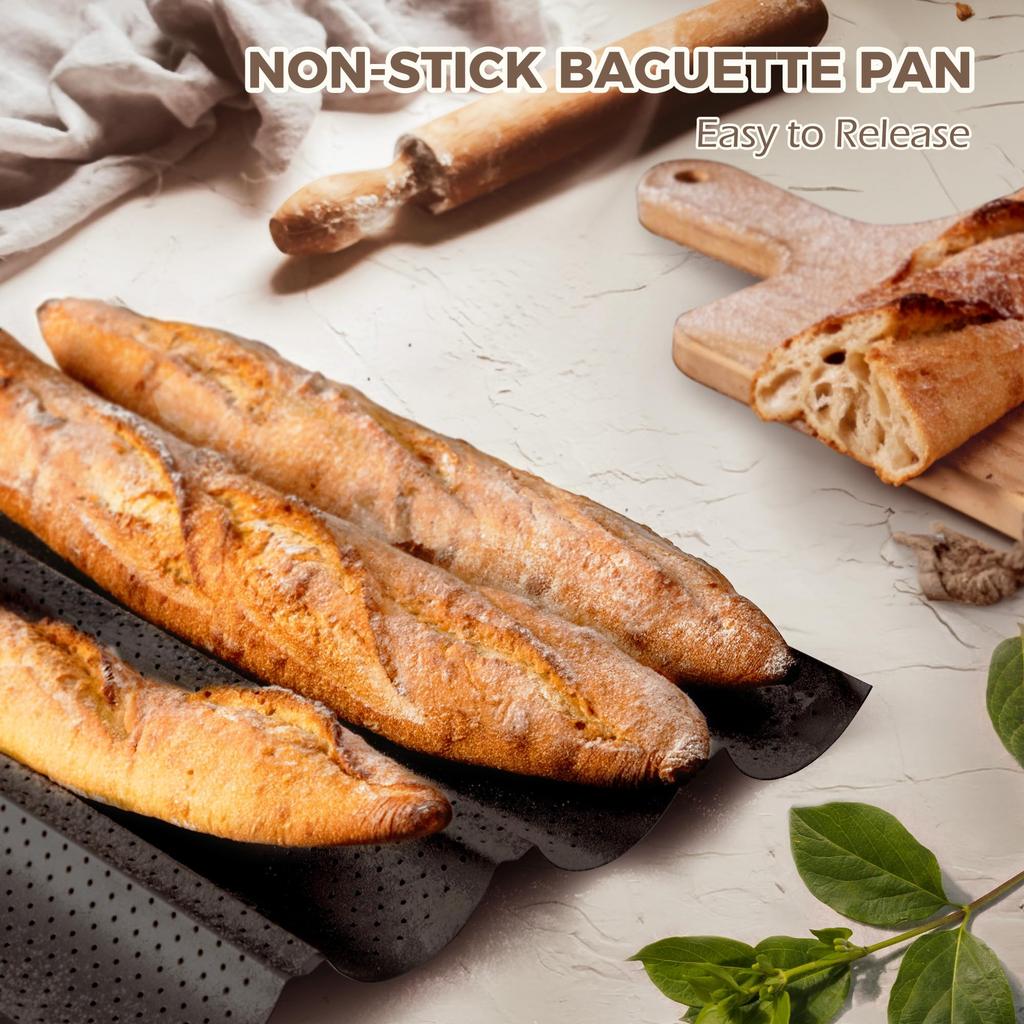 Baguette Bread Pan Nonstick for French Bread Baking Heat Resistant Perforated 4 Loaves Loaf Bake Mold Baguette Tray Baking Tool