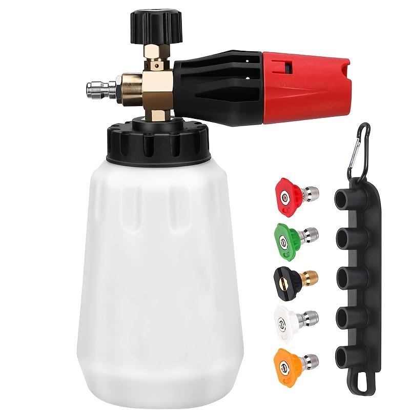 Adjustable Nozzle Foam Cannon, 1L Thick Bottle, 1/4" Quick Connect, 5 Nozzles with Base, for Pressure Washers, Battery-Free