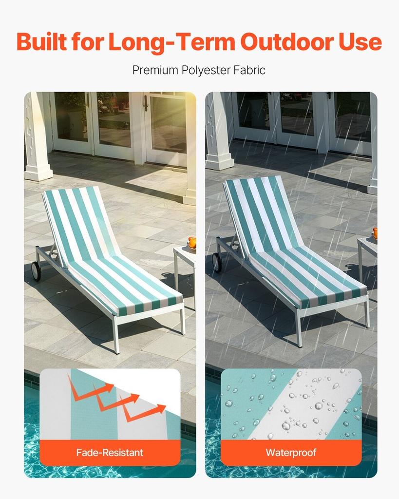 Chaise Lounge Cushion, 203x66x9.8 Cm, Set of 2 Outdoor Lounge Chair Cushions, Waterproof & Fade-Resistant Sun Lounger Cushions with Ties, Patio
