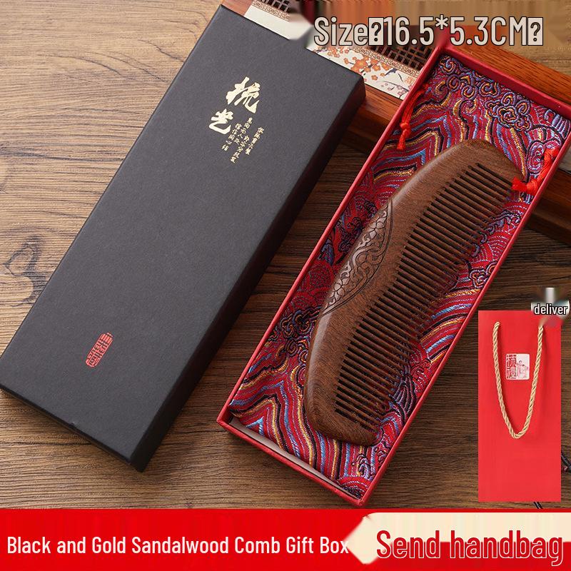 Natürliches Schwarzes Sandelholz mit Goldstaub Doppelseitig Geschnitztes Massagekamm-Set für Damen