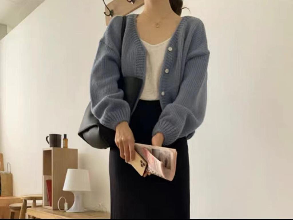 Petite XXS Damen Koreanischer Chic V-Ausschnitt Dicke Wolle Gestrickter Cardigan Pullover