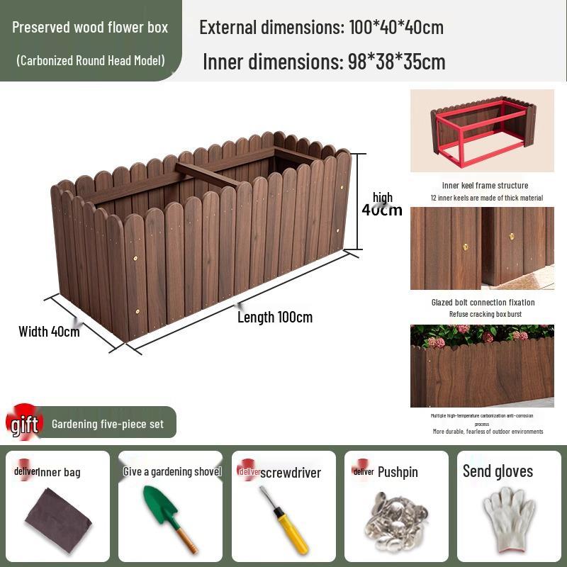 Carbonized Wood Outdoor Planter Box – Antiseptic Rectangular Flower Trough for Home, Courtyard, or Balcony.