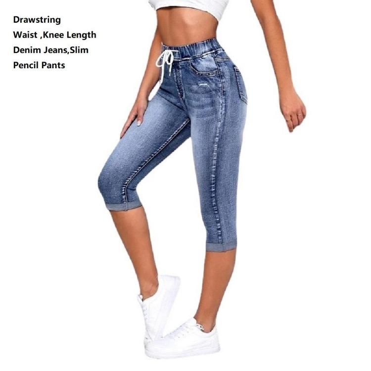 High Waist Women Denim Jeans Shorts Stretch Drawstring Knee Length Ripped Hole Jean Pants