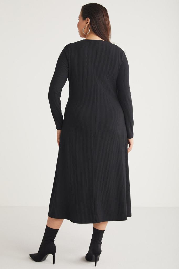 Damska Sukienka Duży Rozmiar Nınabb Głęboki Okrągły Dekolt Sztruksowa Średniej Długości Czarna Sukienka Plus Size