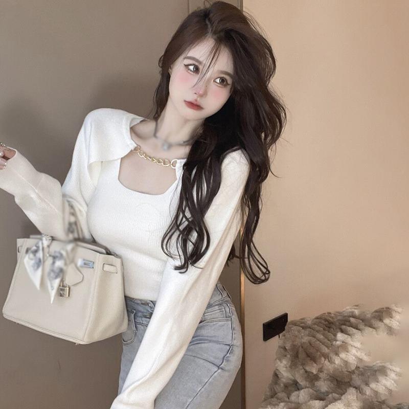 

Блузки Женские Жилеты Женские Костюм-двойка Облегающий Универсальный Металлическая цепочка One Size