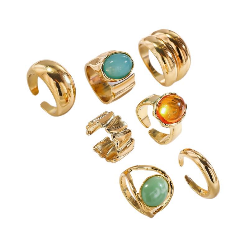 Trendy Stackable Gemstone Ring Set - Adjustable Retro Metal Open Rings for Women