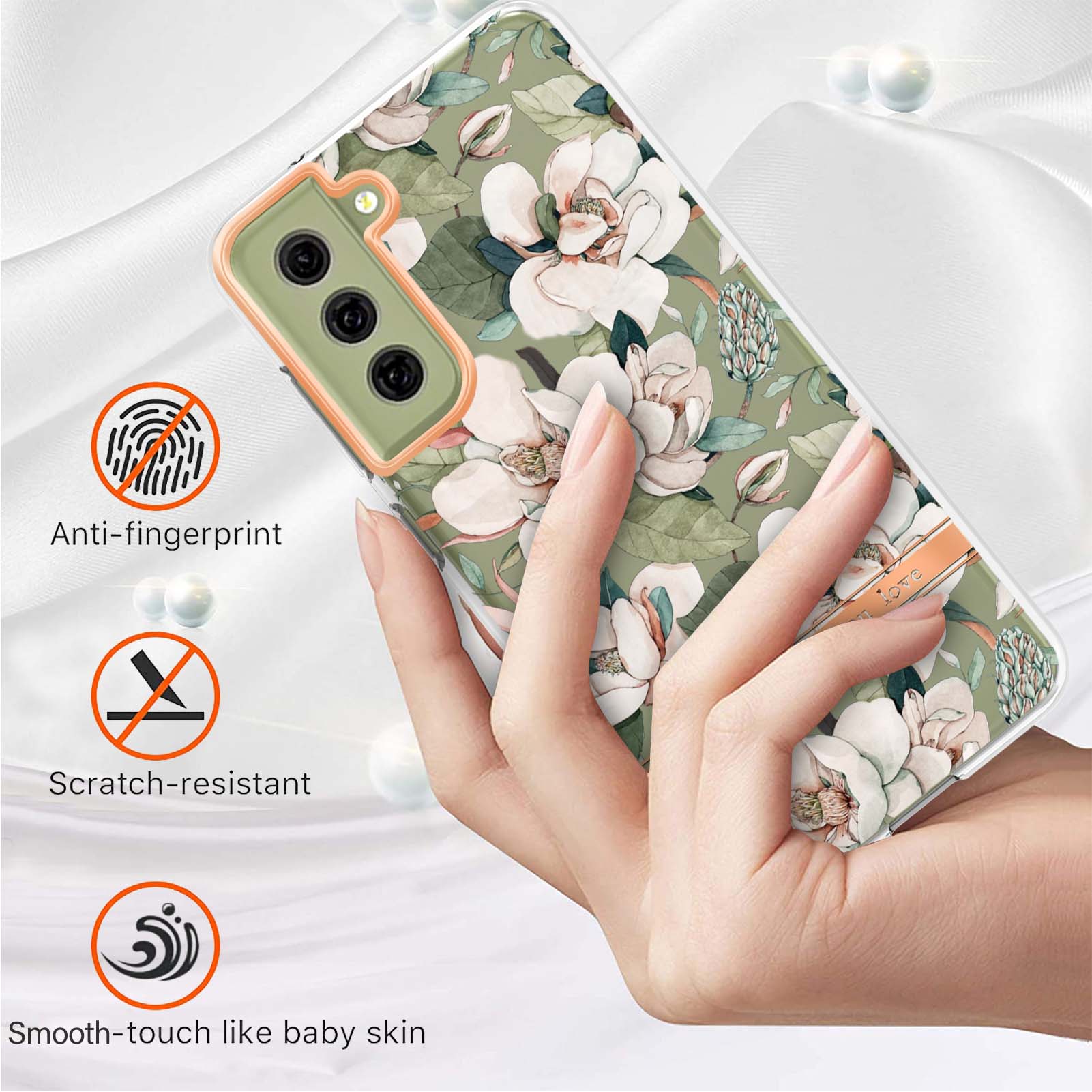

LB5 Series Flower Pattern TPU Case for Samsung Galaxy S21 FE 5G Electroplating IMD IML Mobile Phone Cover HC001 Green Gardenia