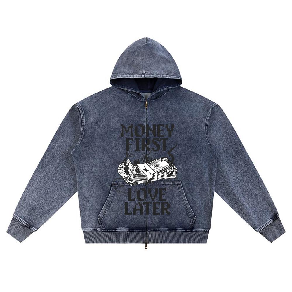 

Худи на молнии из вязаного денима с принтом DTG Money First Brother XL темно-синий