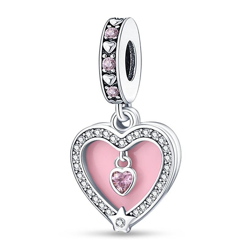 S925 Silver [Pink Heart Shape Two-Piece Pendant DIY Handmade Jewelry Accessories Craft Supplies]