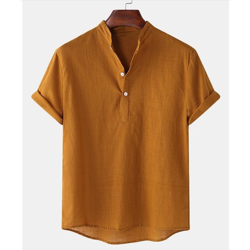 Summer Men's Cotton Linen Breathable Solid Color Short Sleeved Henry Shirt Polo Shirts Men’s