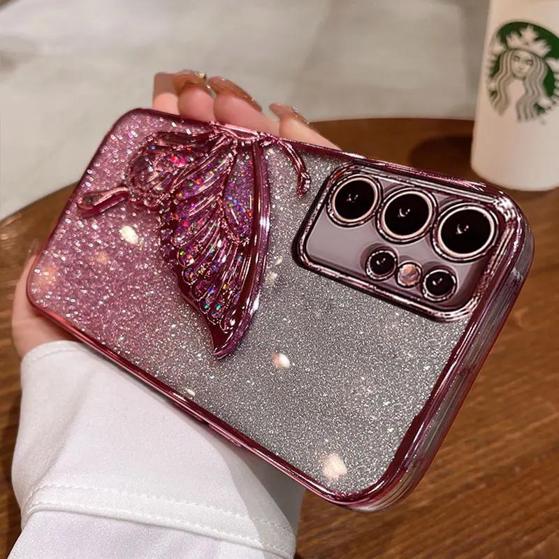 Husă S24FE S25 Ultra Husă de lux cu sclipici lichid cu fluturi pentru Samsung Galaxy S23 Plus S24 Ultra A05S A15 A24 A55 A25