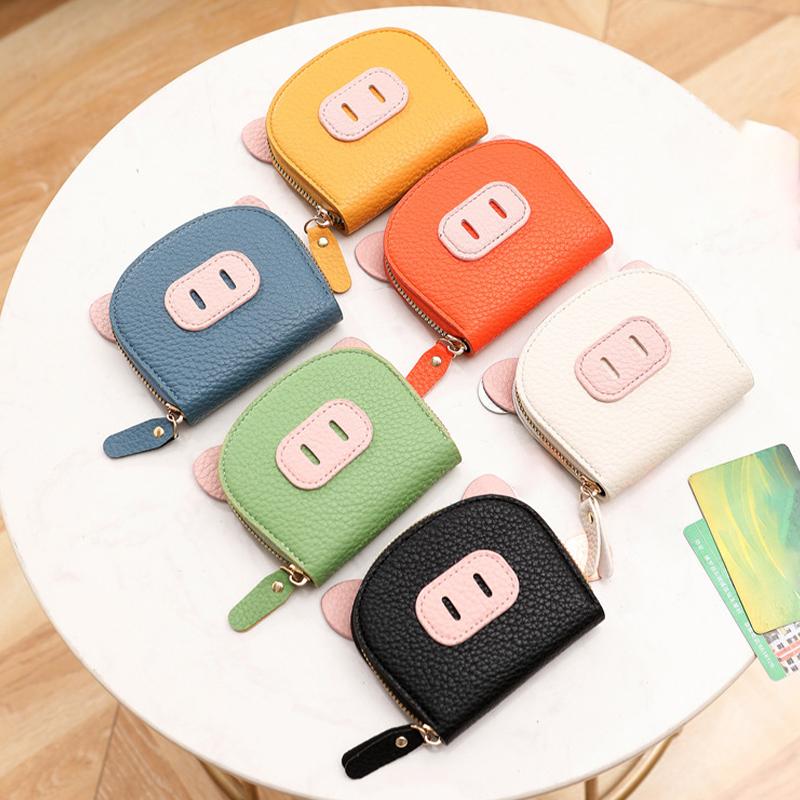 PU Leather Cartoon Pig Multi Card Slot Holder Zipper Coin Purse Soft Touch Clip Wallet for Women Kids Party Use