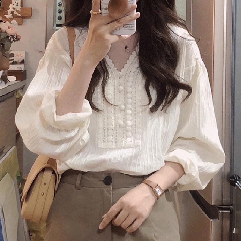 

Летняя элегантная кружевная блузка с V-образным вырезом, модная женская новая свободная повседневная рубашка с длинным рукавом, женские офисные весенние топы больших размеров 3047 3XL белый