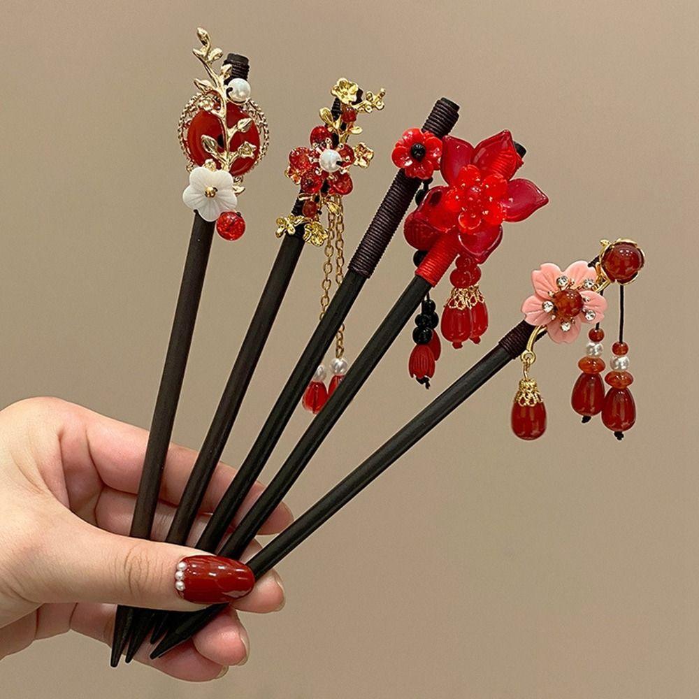 Red Hanfu Hairpin Tassel Wooden Hair Stick Classical   Hanfu Accessories