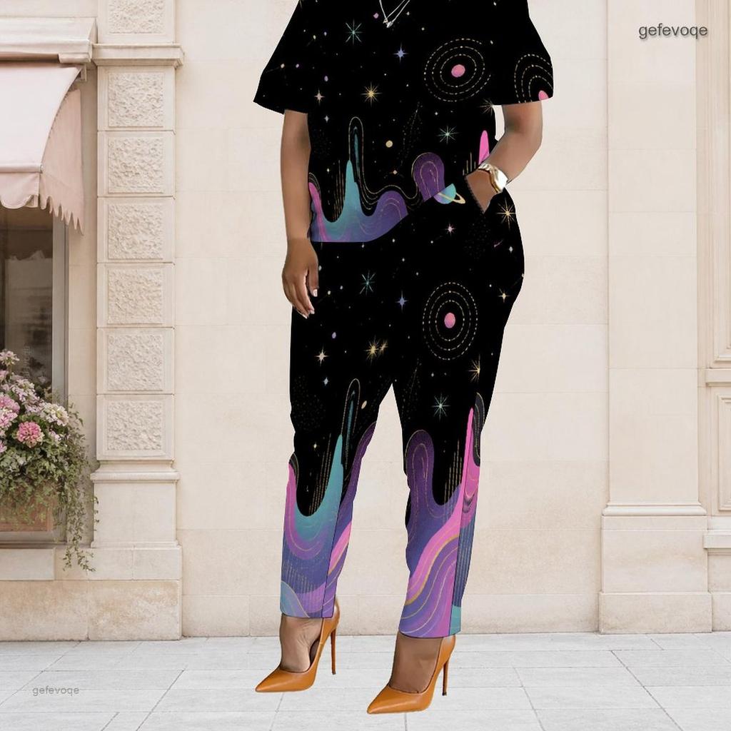 Women Plus Size Two Piece Set Short Sleeve Top Pocket Pants Star Stripe Patriotic Print Outfit