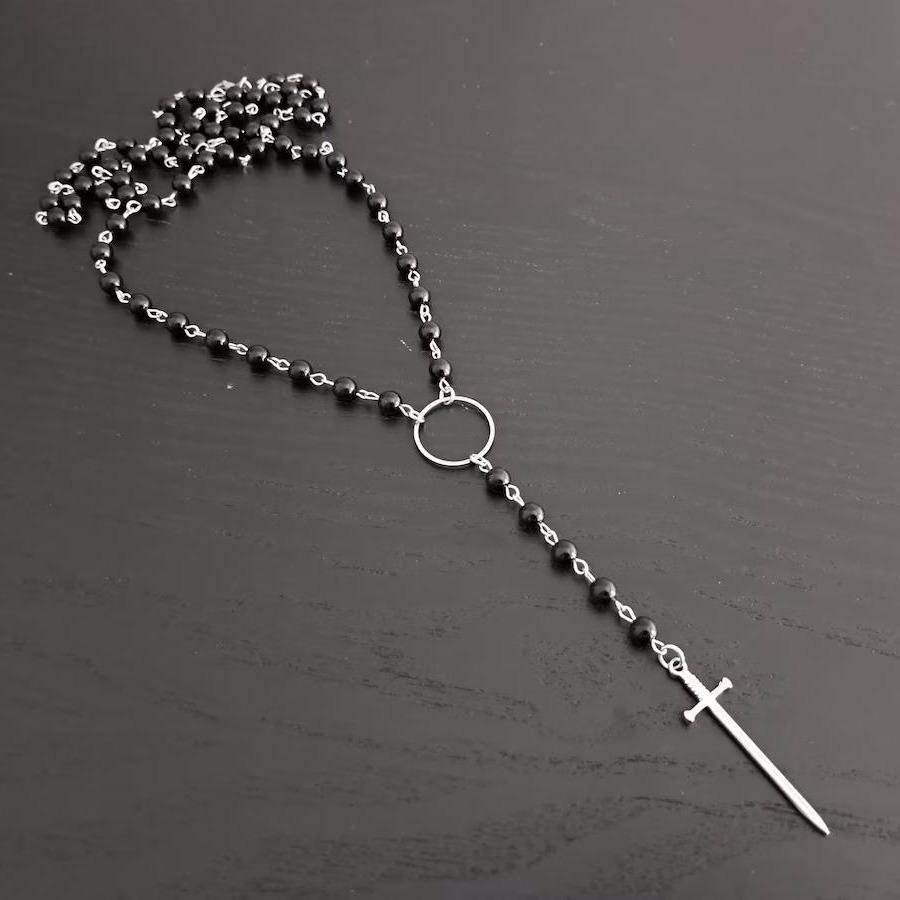 Shi Yong Gothic Black Rose Sword Rosary Necklace - Retro Style