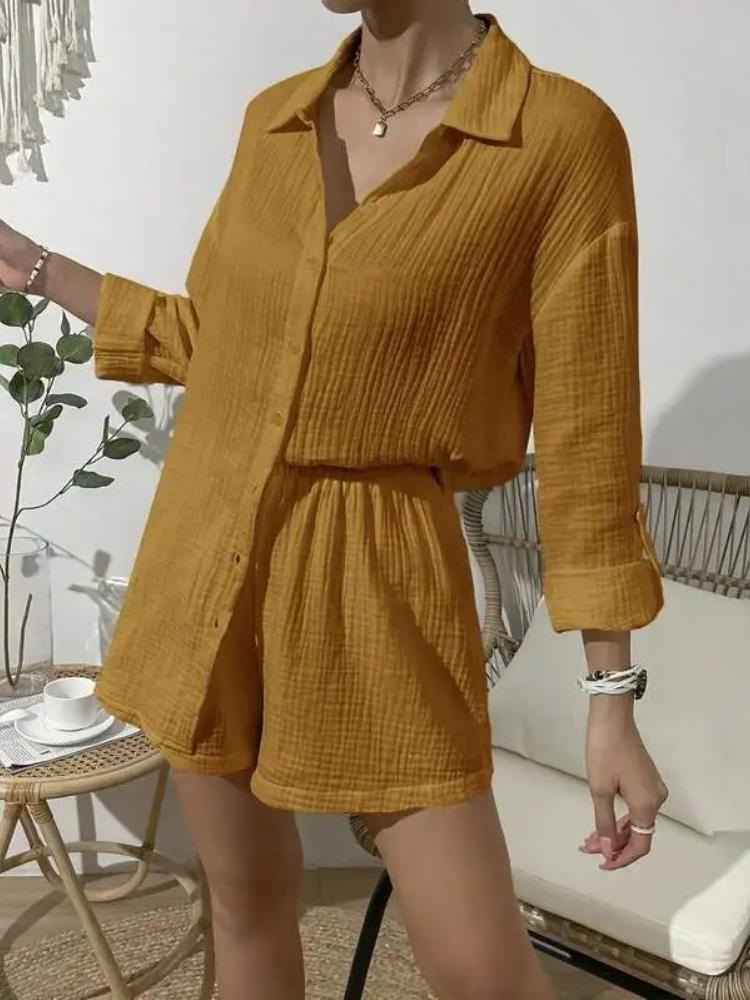 Cotton Gauze Muslin Sets for Women 2 Pieces Long Sleeve Shirts and Loose High Waist Mini Shorts Sets Ensemble Femme