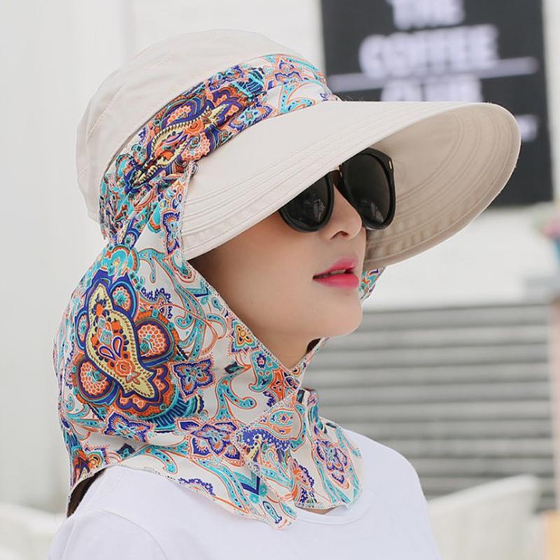 Women Summer Anti-Uv Sun Hat Outdoor Foldable Floral Print Caps Neck Face