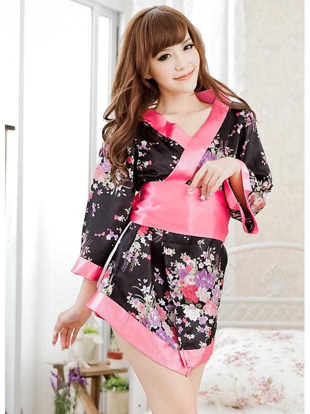 Plus Size Sexy Red Cherry Blossom Kimono Lingerie Set for Women