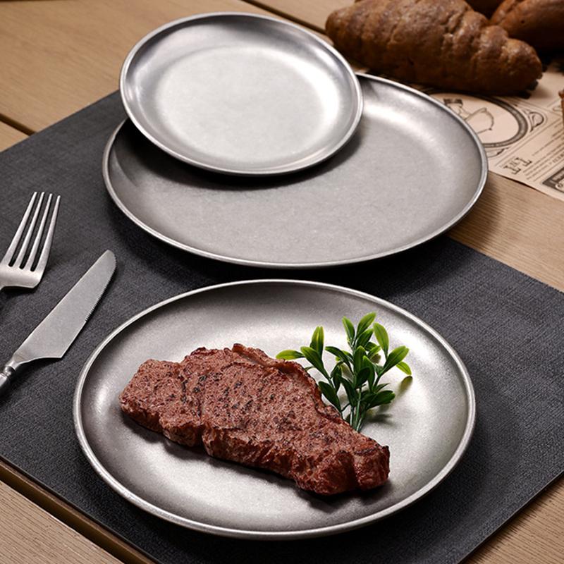 Retro korejský nerezový úložný tác na potraviny, ovocný dort, steak, kulatý talíř, dekorativní mělké nádobí, kuchyňský organizér