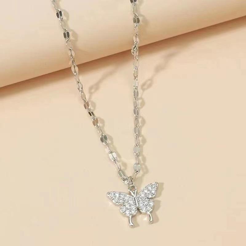 New Shiny Silver Butterfly Necklace Exquisite Double Layer Clavicle Chain Fashion Jewelry Gift for Women