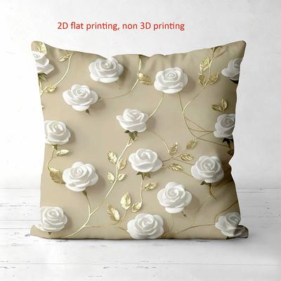 1 Pieces Beige Pillow With White Roses And Gold Leaves Polyester Pillowcase, Sofa Decorative Cushion Cov Headboard Pillow