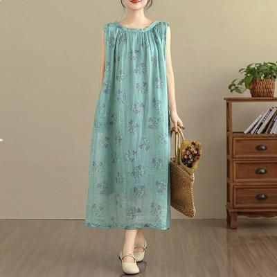 Ärmelloses Plus-Size-Baumwoll-Vintage-Blumenmuster, neue Kleider für Damen, lässig, locker, langes Sommerkleid