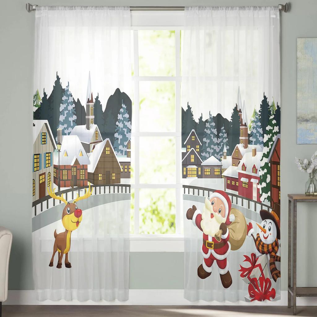Christmas House Santa Claus Snowman Elk Sheer Voile Curtains Living Room Bedroom Window Drapes Balcony Screen Tulle Curtains