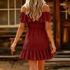 Women's Casual Off Shoulder Short Sleeve Dress Ruffled Neckline and Hemline Summer Lightweight Flowy Mini Dress for Everyday Wear