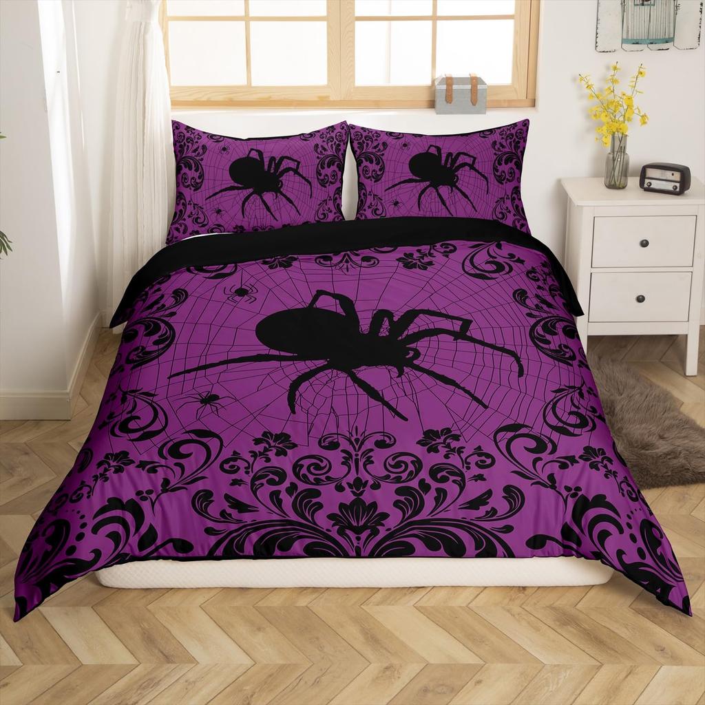 Black White Spider Web Duvet Cover Queen Halloween Gothic Bedding Set for Boys Adults Room Decor Hippie Floral Comforter Cover