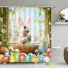 Easter Bunny Shower Curtain Colorful Eggs Rabbit Cute Spring Farmhouse Rustic Holiday Wooden Window Nature Green Leaves Floral