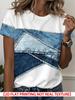 Faux Denim Raw Edge Patchwork T-Shirt, Standard Size Women'S Fashion T-Shirt, Women'S Casual Comfortable Outfit