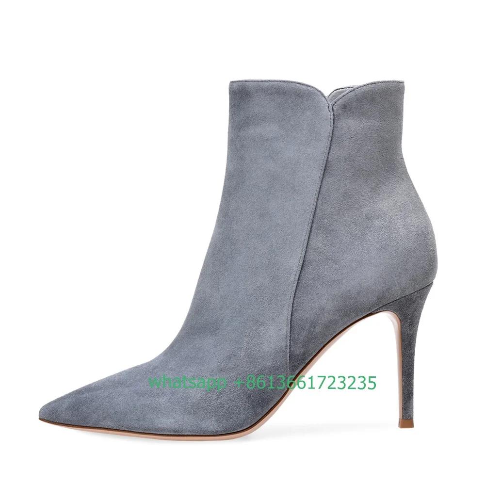 Fashion Women Pointed Toe Ankle Boots Stiletto High Heel Side Zipper Short Boots Solid Color Suede/leather Spring Autumn New Women Boots