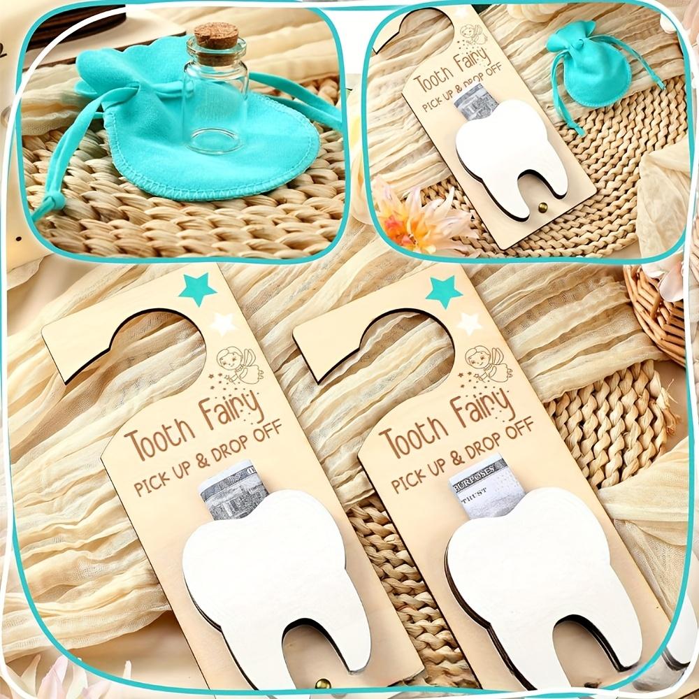 Tooth Fairy Kit Includes Wooden Tooth Pendant, Glass Bottle, Storage Bag, Suitable for Lost Teeth Period,Birthday Parties,Holiday Parties,Mother'S Day