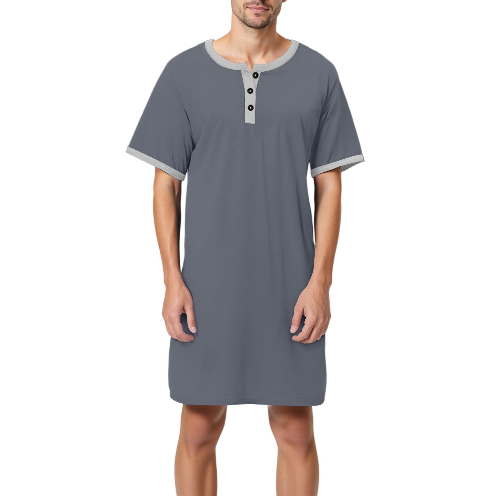 Mianduijifengba Heren effen katoenen pyjama met korte mouwen, overhemdkraag, lange losse pyjama, huiskleding L