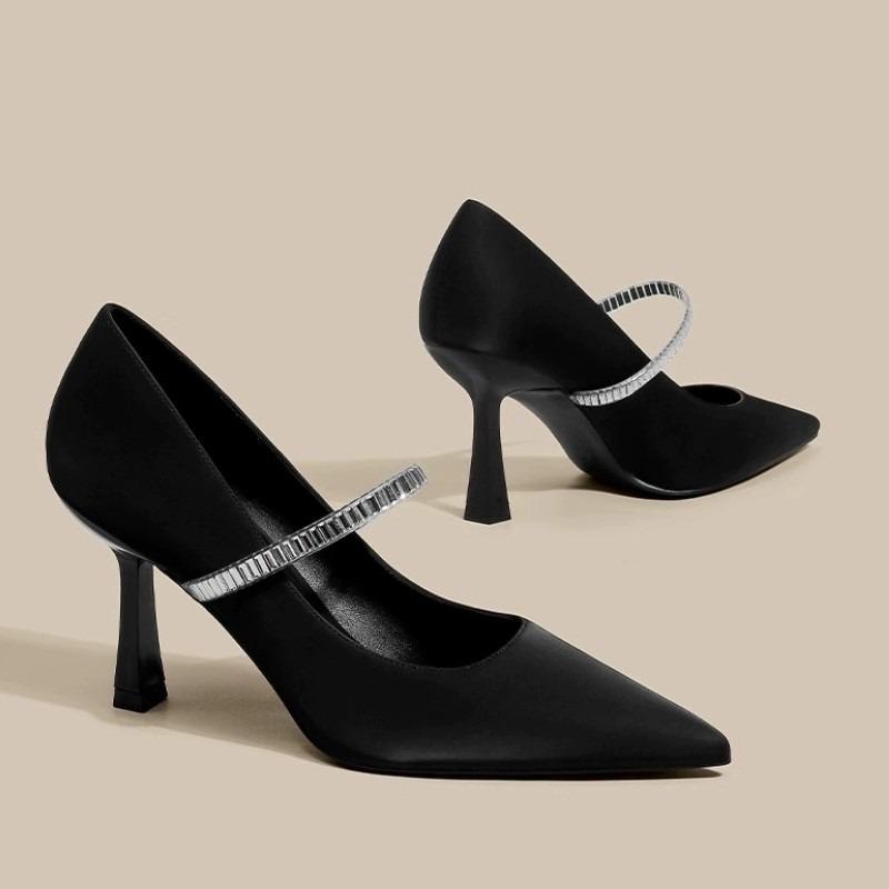 Fashion Super Soft Wrapped Heels Women's Fashion Pointed Toe Shallow Slip Rhinestone Slip Slip Slim Heel Single Shoes