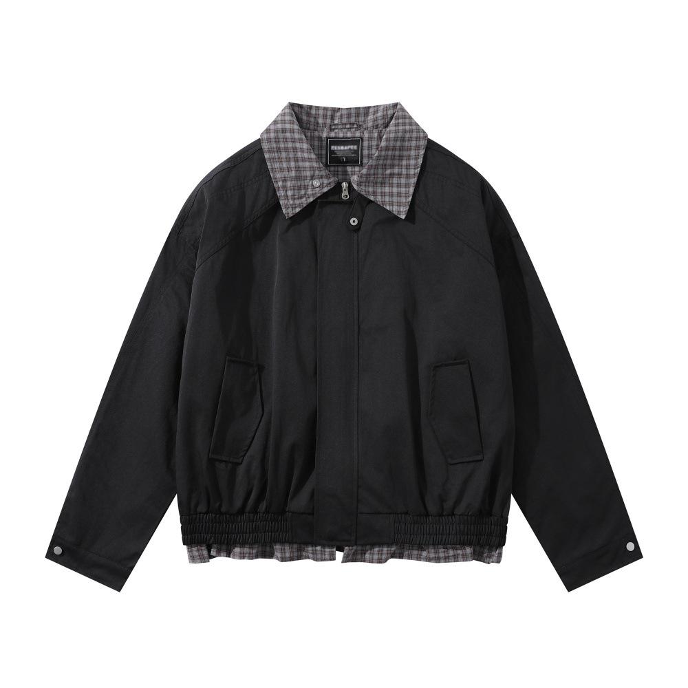 

Men s Plaid Patchwork Lapel Jacket - Trendy Autumn Streetwear, Casual Loose Fit, Versatile Design. Medium чорний