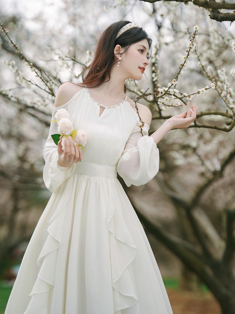 

Off-Shoulder Pearl Chiffon Ruffle Dress XL абрикосовий