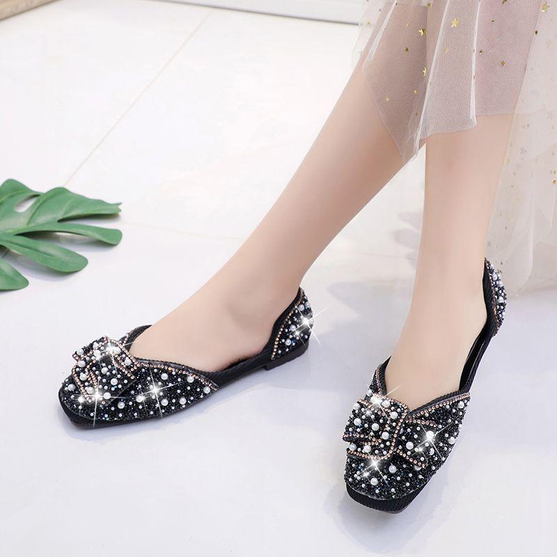 Single shoes soft-soled shoes fashion shallow mouth single shoes 2025 autumn new pearl rhinestones