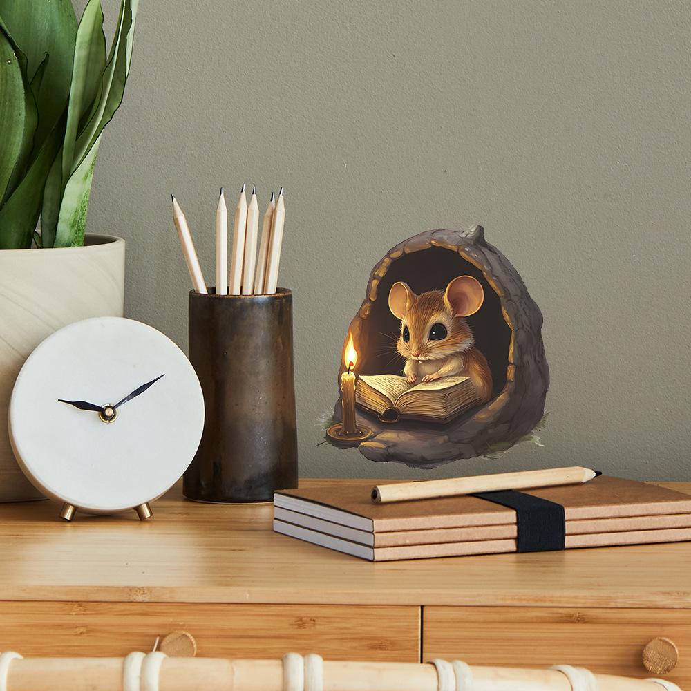 Cartoon Mouse Reading at Mouse Hole DIY Wall Sticker for Home Background Decor Removable Self-Adhesive Decal