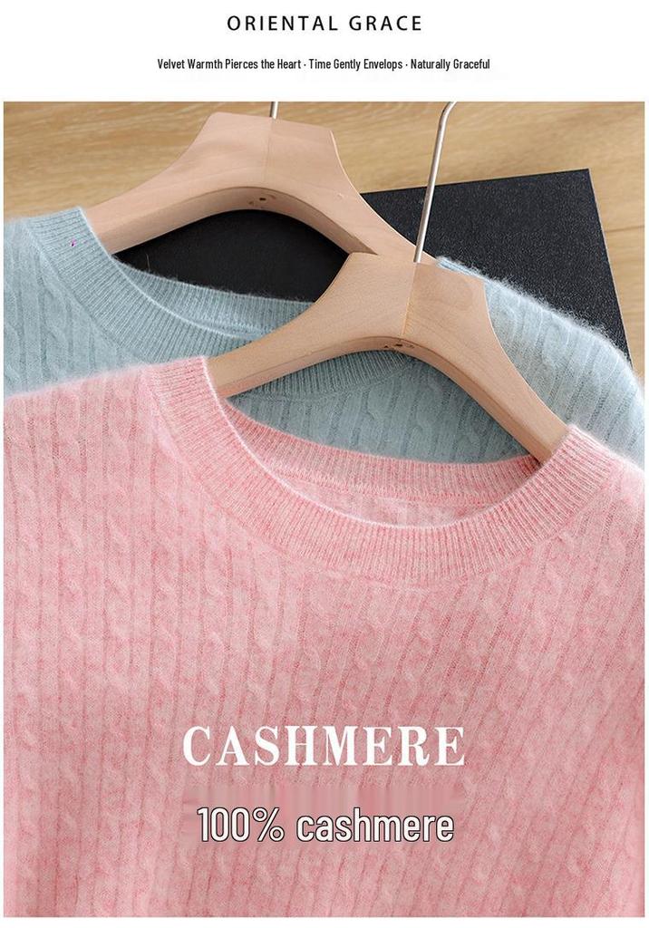 Women's 100% Cashmere Cable Knit Sweater: Winter 2026 Loose Pullover with Round Neck and Long Sleeves