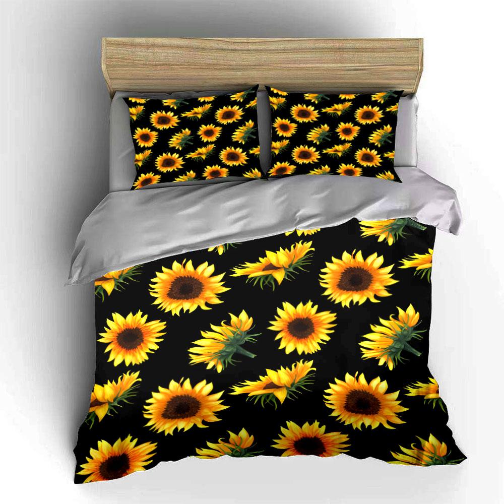 Sunflower print Black Background Bedding Set for Kids Luxury Gift 3pcs Digital Print Comforter Set Soft Comfortable Breathable